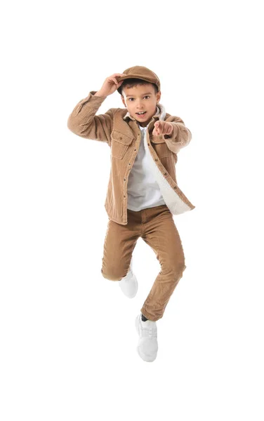 Niño Saltando Señalando Espectador Sobre Fondo Blanco —  Fotos de Stock