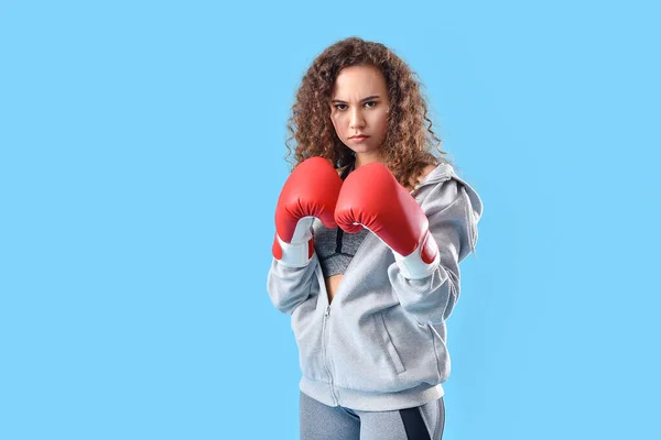 Beautiful Young Woman Boxing Gloves Color Background — Stock Photo, Image