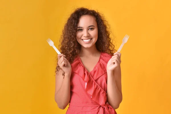 Beautiful Young Woman Forks Color Background — Stock Photo, Image