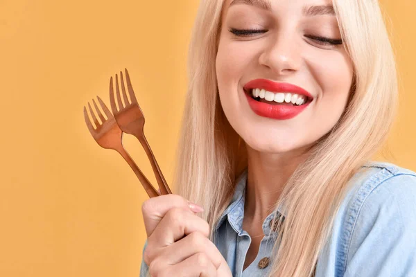 Beautiful Young Woman Forks Color Background Closeup — Stock Photo, Image