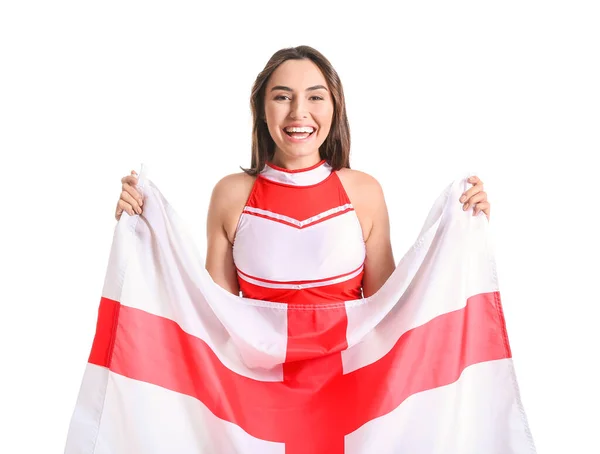 Krásná Roztleskávačka Vlajkou Anglie Bílém Pozadí — Stock fotografie