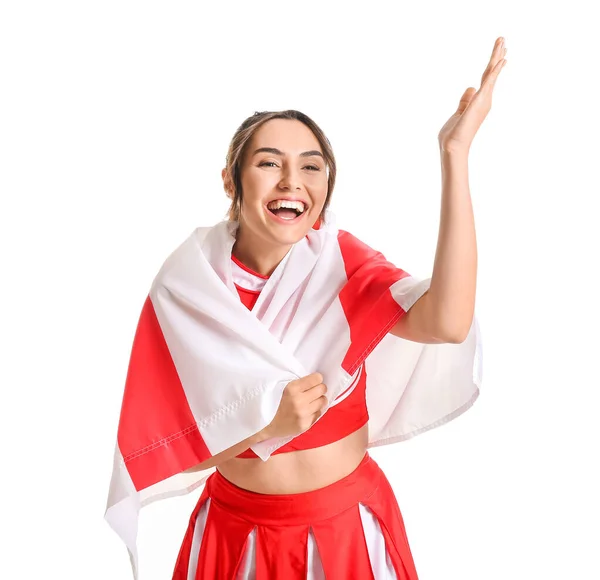 Vrolijke Cheerleader Met Vlag Van Engeland Witte Achtergrond — Stockfoto