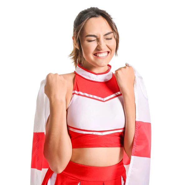 Szczęśliwa Cheerleaderka Flagą Anglii Białym Tle — Zdjęcie stockowe