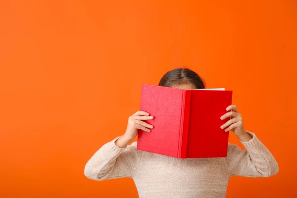 Cute Little Girl Book Color Background — Stock Photo, Image