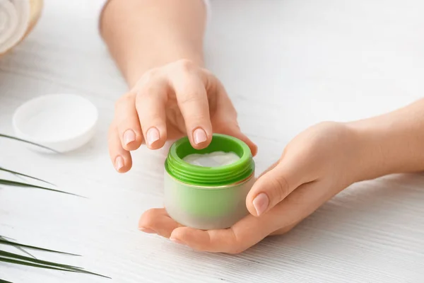 Woman Jar Cream Light Table — Stock Photo, Image