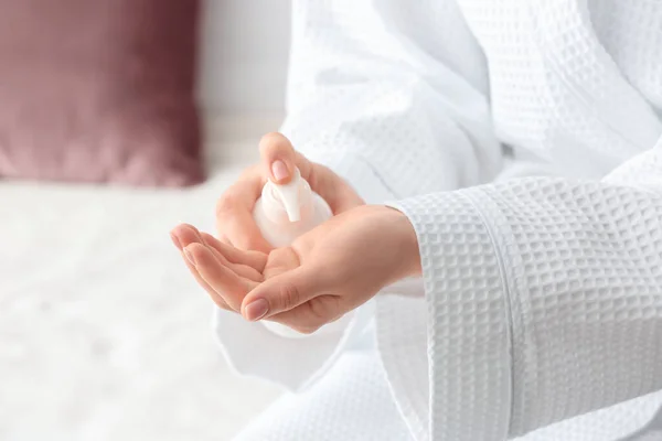 Young Woman Applying Cream Her Hands Closeup — Stock Photo, Image