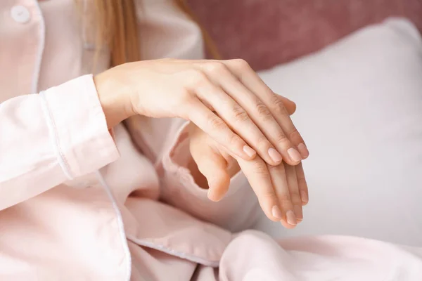Young Woman Applying Cream Her Hands Closeup — Stock Photo, Image