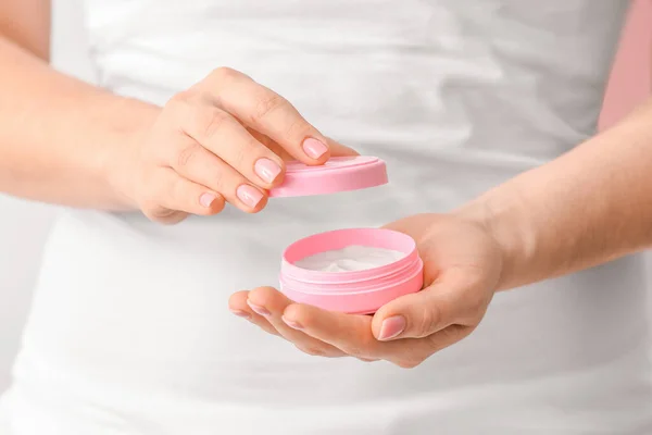 Young Woman Jar Cream Closeup — Stock Photo, Image