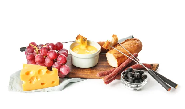 Fondue Queso Diferentes Snacks Sobre Fondo Blanco —  Fotos de Stock