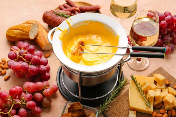 Cheese Fondue Different Snacks Light Background — Stock Photo, Image