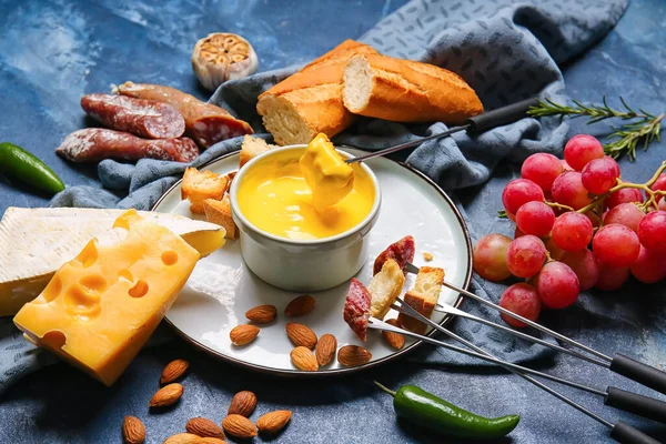 Cheese Fondue Different Snacks Color Background — Stock Photo, Image