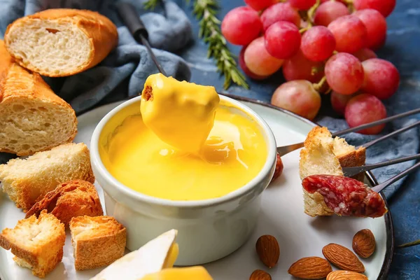 Cheese Fondue Different Snacks Color Background — Stock Photo, Image