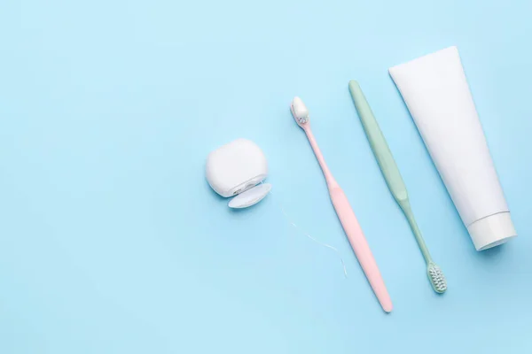 Tooth Brushes Paste Dental Floss Color Background — Stock Photo, Image