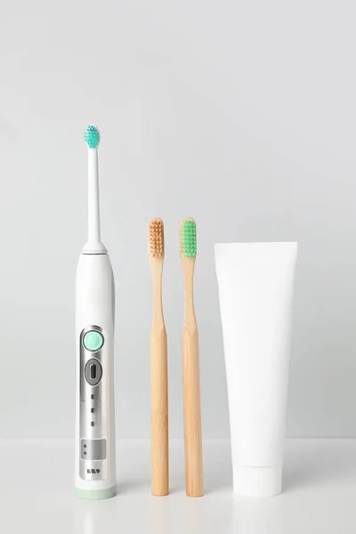 Different Tooth Brushes Paste White Background — Stock Photo, Image