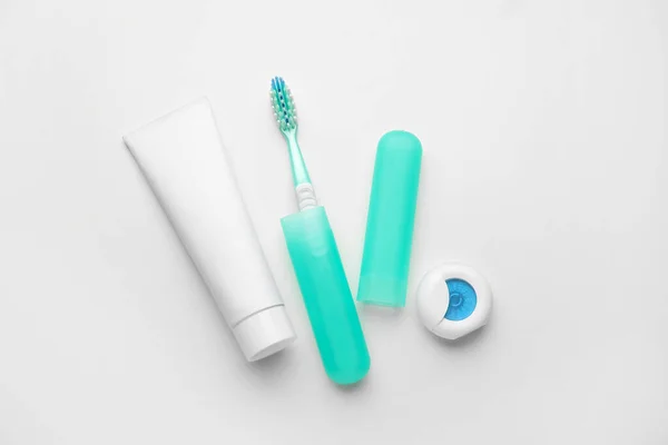 Tooth Brush Case Paste Floss White Background — Stock Photo, Image