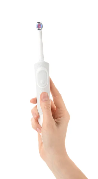 Female Hand Electric Tooth Brush White Background — Stock Photo, Image