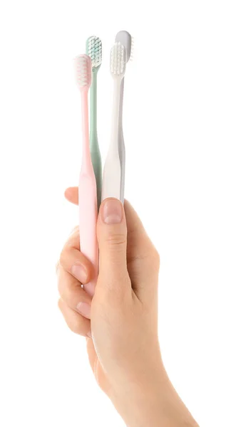 Female Hand Tooth Brushes White Background — Stock Photo, Image