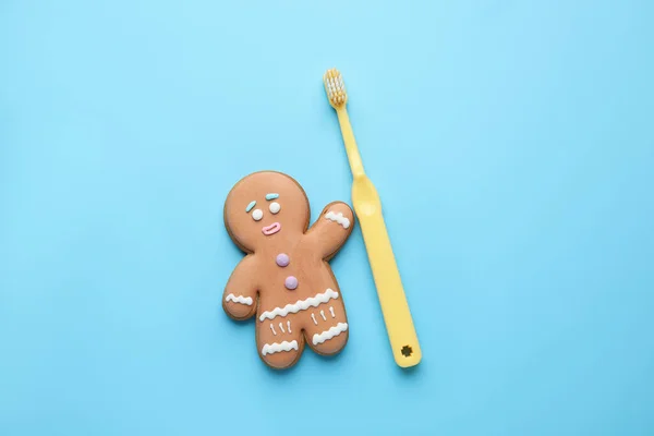 Tooth Brush Christmas Cookie Color Background — Stock Photo, Image