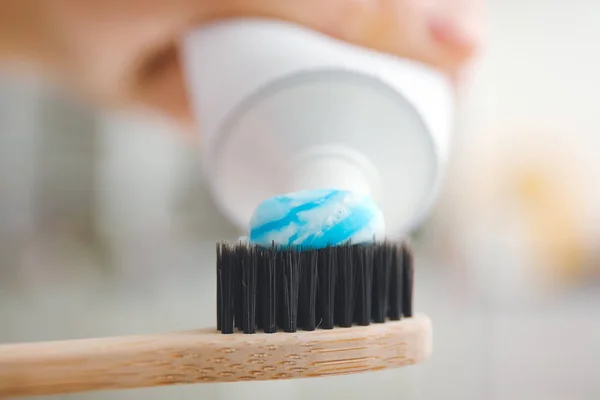 Squeezing Paste Tooth Brush Blurred Background Closeup — Stock Photo, Image