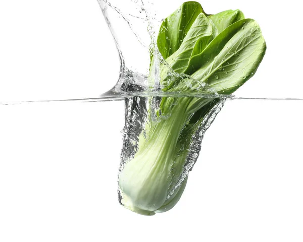 Falling Fresh Chinese Cabbage Water White Background — Stock Photo, Image