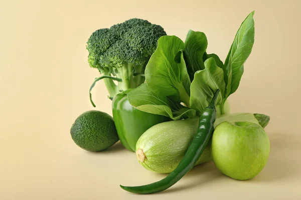 Friska Gröna Frukter Och Grönsaker Färg Bakgrund — Stockfoto
