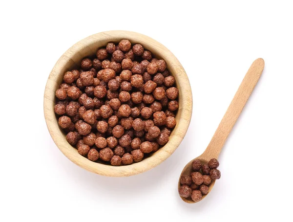 Bol Cuillère Avec Des Boules Maïs Chocolat Sur Fond Blanc — Photo