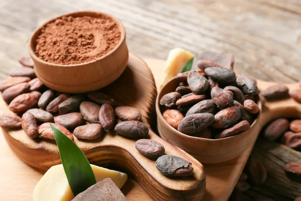 Composición Con Granos Cacao Sobre Fondo Madera Primer Plano — Foto de Stock