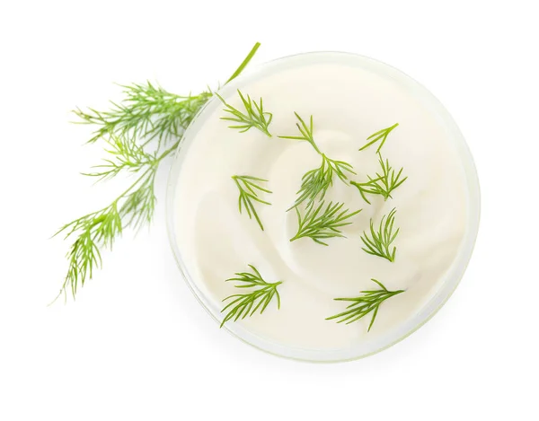 Bowl Tasty Sour Cream Herbs White Background — Stock Photo, Image