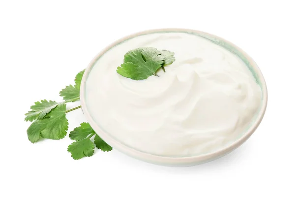 Bowl Tasty Sour Cream White Background — Stock Photo, Image