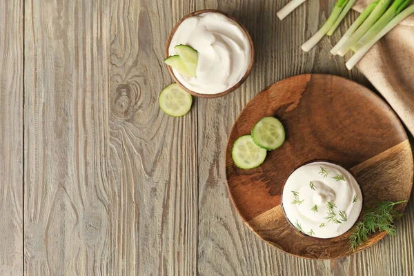 Bowls Tasty Sour Cream Wooden Background — Stock Photo, Image