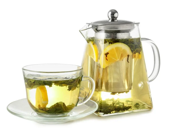 Xícara Bule Chá Verde Com Limão Sobre Fundo Branco — Fotografia de Stock