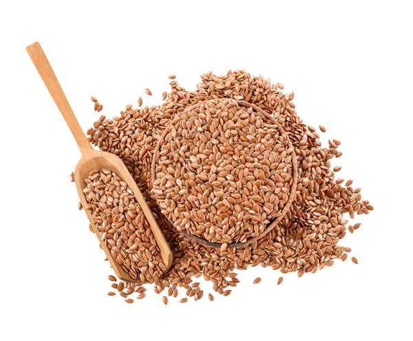 Bowl Scoop Flax Seeds White Background — Stock Photo, Image