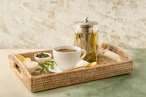 Wicker Tray Cup Teapot Green Tea Table — Stock Photo, Image