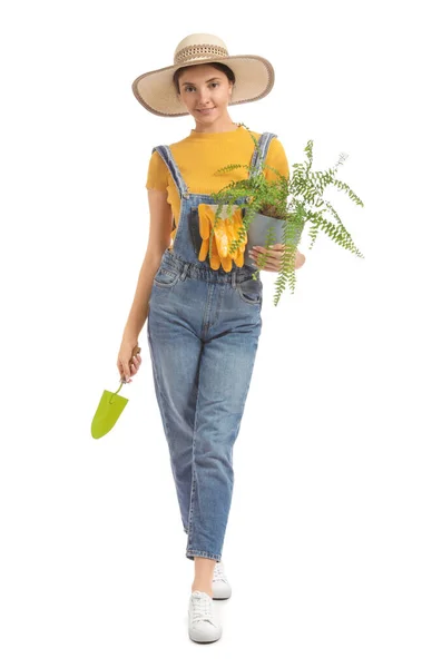 Young Female Gardener White Background — Stock Photo, Image