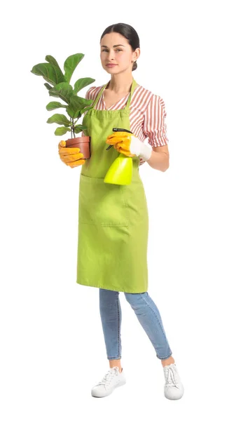 Young Female Gardener White Background — Stock Photo, Image