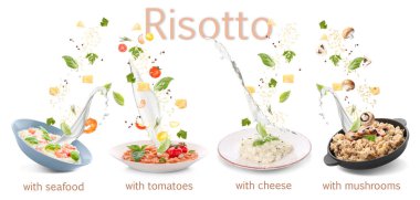 Beyaz arka planda uçan içerikli lezzetli risotto çeşitleri
