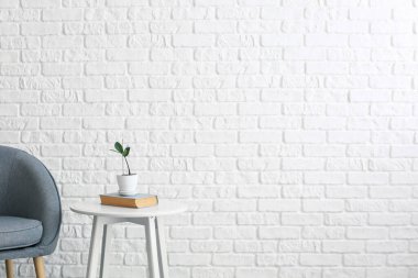 Koltuk ve ev bitkisi modern odanın içindeki masada.