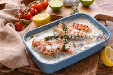 Ahşap arka planda lezzetli tavuk filetosu ile fırın yemeği.