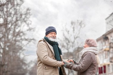 Mutlu olgun çiftler kış günü dışarıda