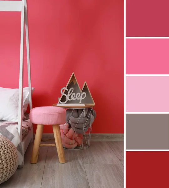 Stilvolles Interieur Eines Modernen Schlafzimmers Unterschiedliche Farbmuster — Stockfoto