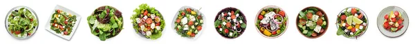 Különböző Egészséges Saláták Fehér Háttér Felső Nézet — Stock Fotó
