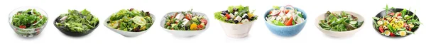 Verschiedene Gesunde Salate Auf Weißem Hintergrund — Stockfoto