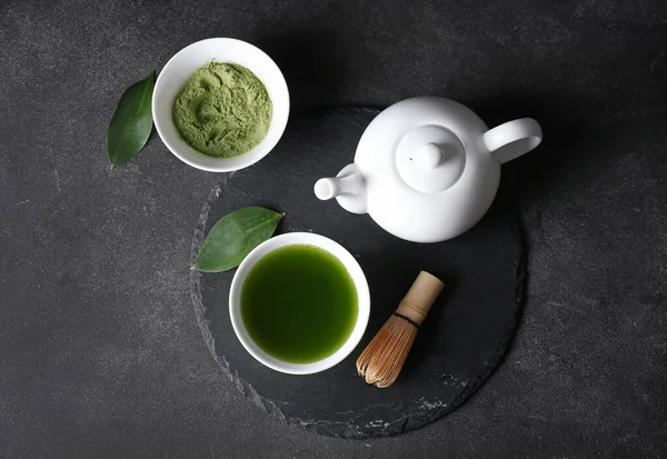 Composition Bowl Matcha Tea Powder Dark Background — Stock Photo, Image