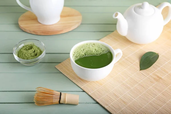 Composition Cup Matcha Tea Color Wooden Background — Stock Photo, Image