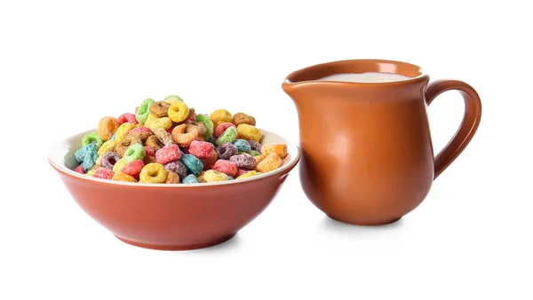 Bowl Cereals Jug Milk White Background — Stock Photo, Image