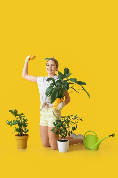 Young Female Gardener Color Background — Stock Photo, Image