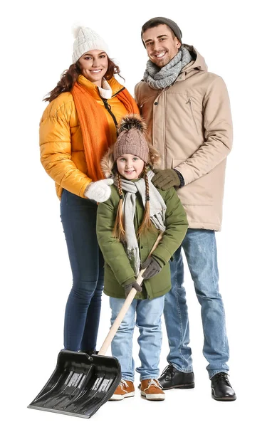 Family Shovel Removing Snow White Background — Stock Photo, Image