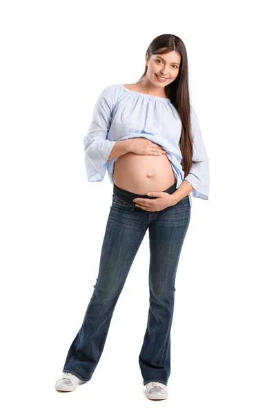 Giovane Donna Incinta Sfondo Bianco — Foto Stock