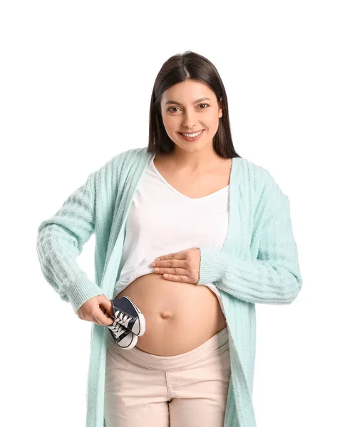 Young Pregnant Woman Baby Booties White Background — Stock Photo, Image