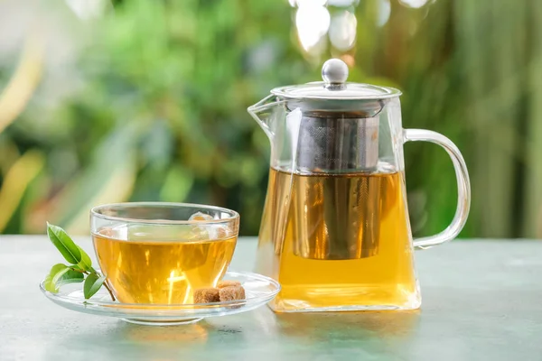 Teapot Cup Hot Tea Table Outdoors — 스톡 사진